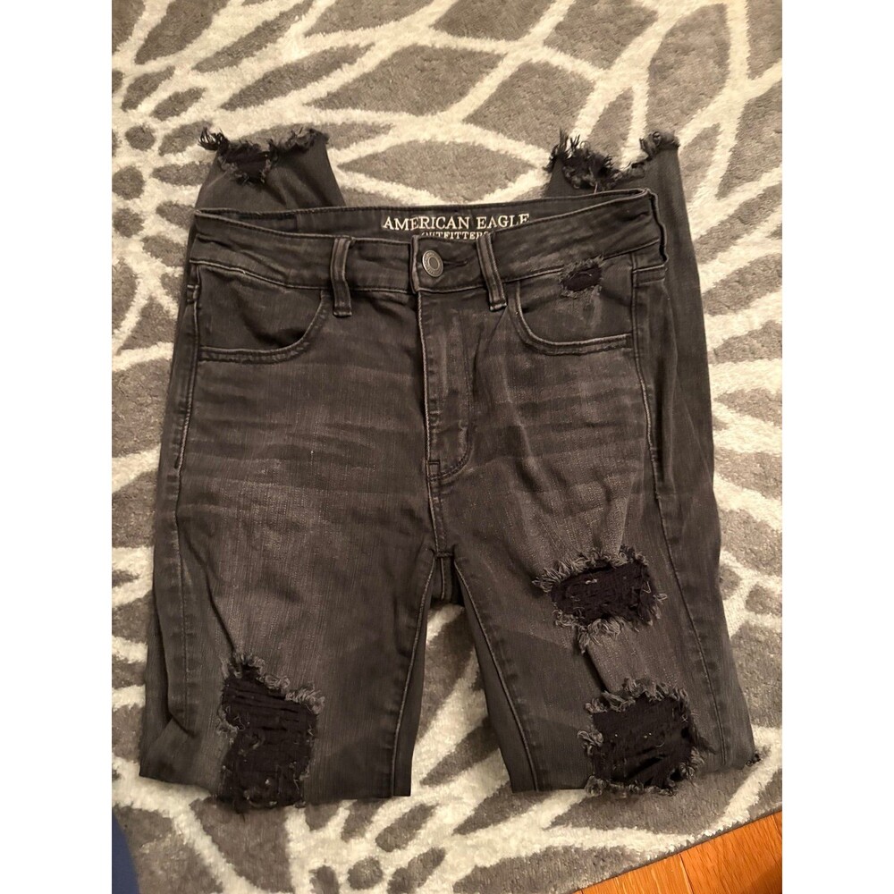 Black Distressed American Eagle Super Stretch Skinny Jeans